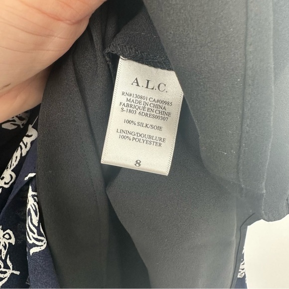 A.L.C. Misha Silk Navy Blue White One Shoulder Dress Size 8 - Picture 6 of 7